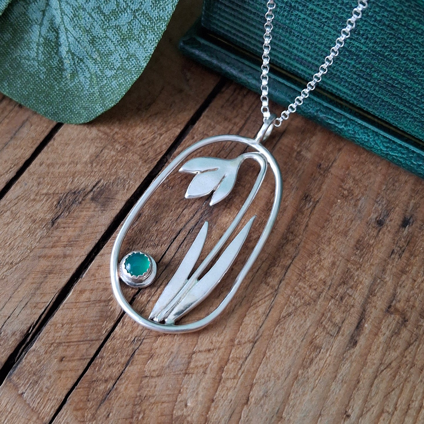 Handmade Large Oval Snowdrop Pendant with Green Onyx
