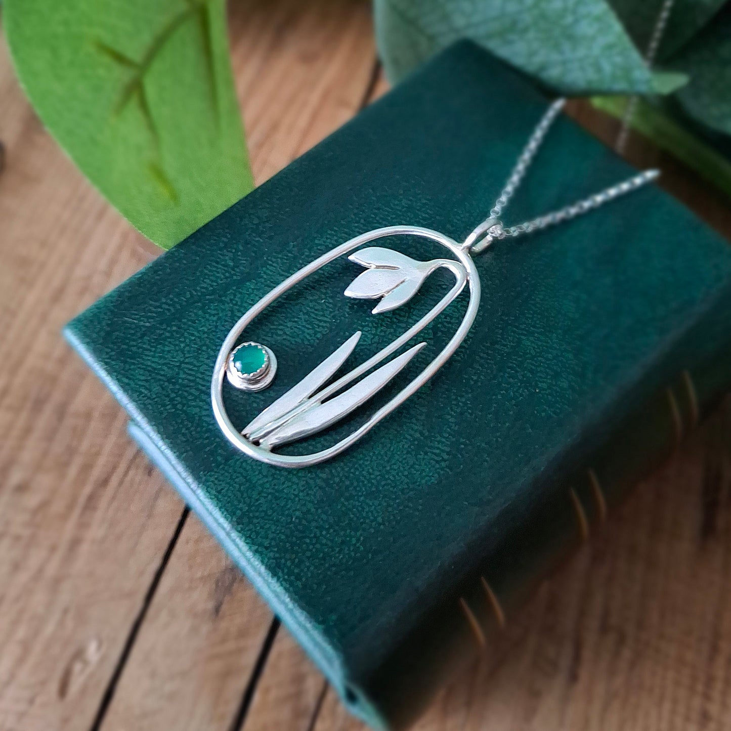 Handmade Large Oval Snowdrop Pendant with Green Onyx