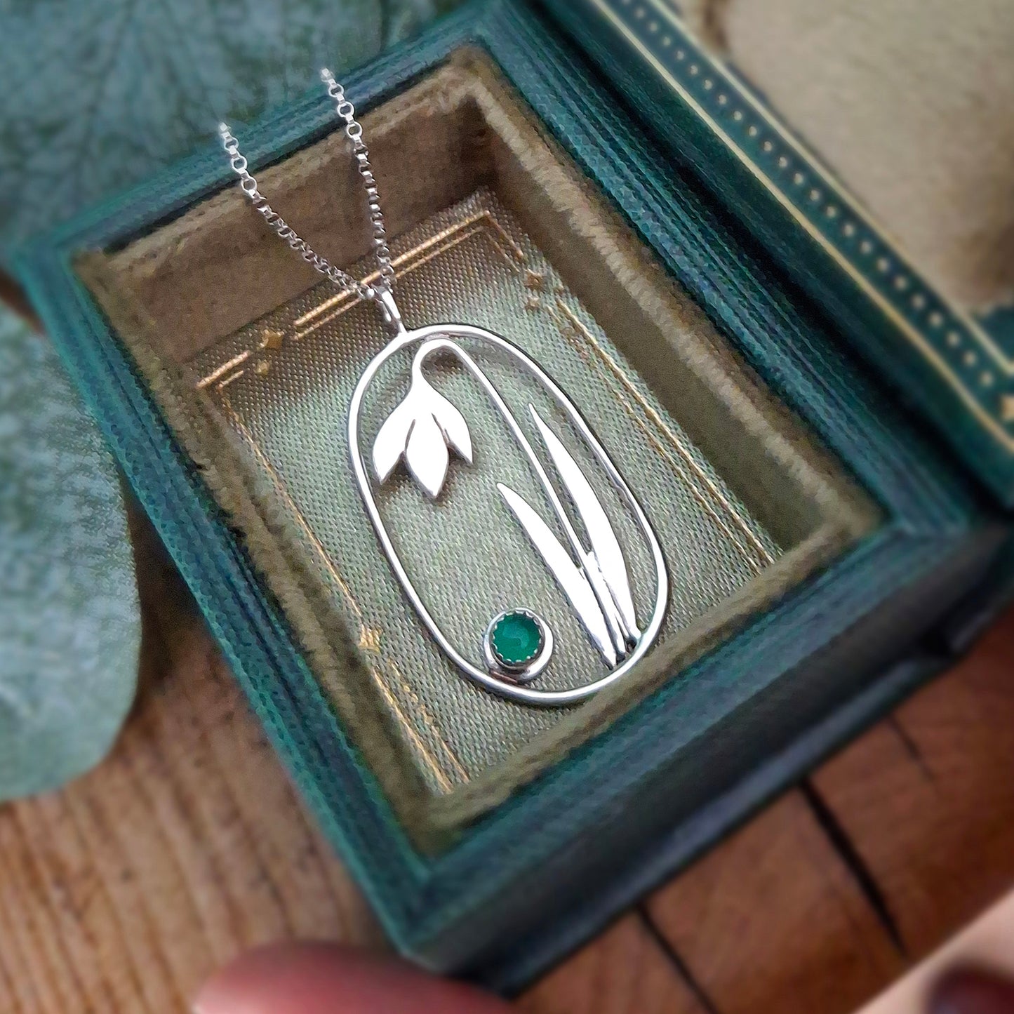 Handmade Large Oval Snowdrop Pendant with Green Onyx