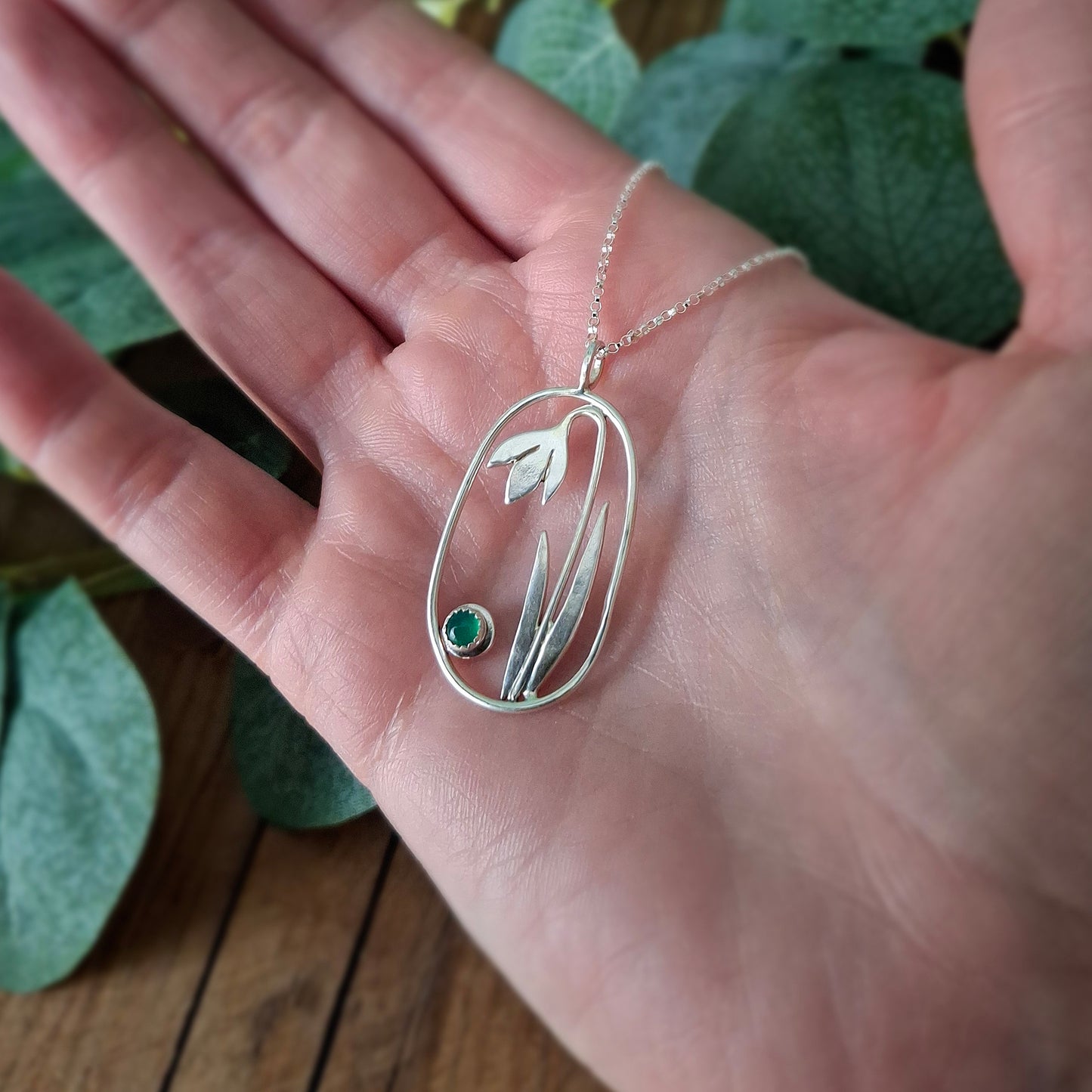Handmade Large Oval Snowdrop Pendant with Green Onyx