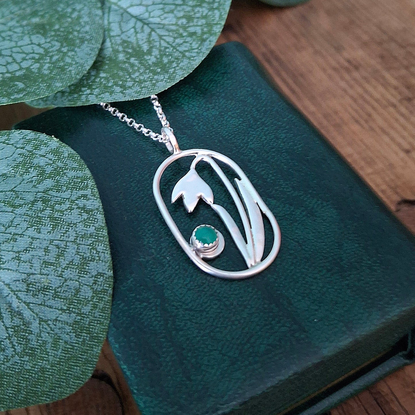 Handmade Oval Snowdrop Pendant with Green Onyx