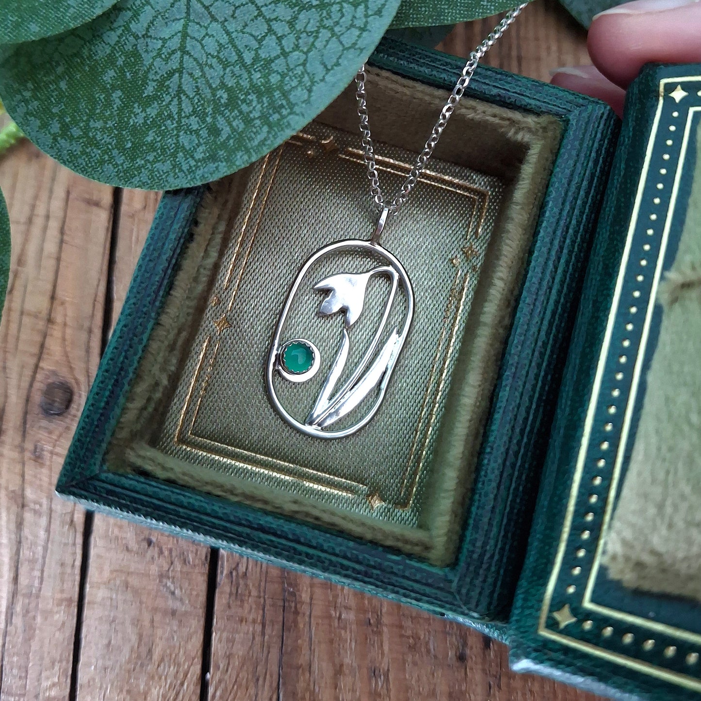 Handmade Oval Snowdrop Pendant with Green Onyx