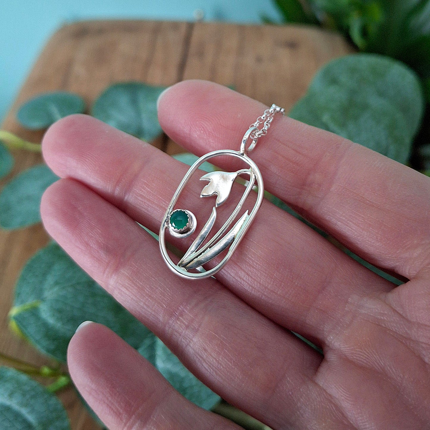 Handmade Oval Snowdrop Pendant with Green Onyx