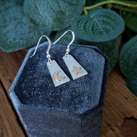 Handmade Moon and Stars Silver & Gold Earrings