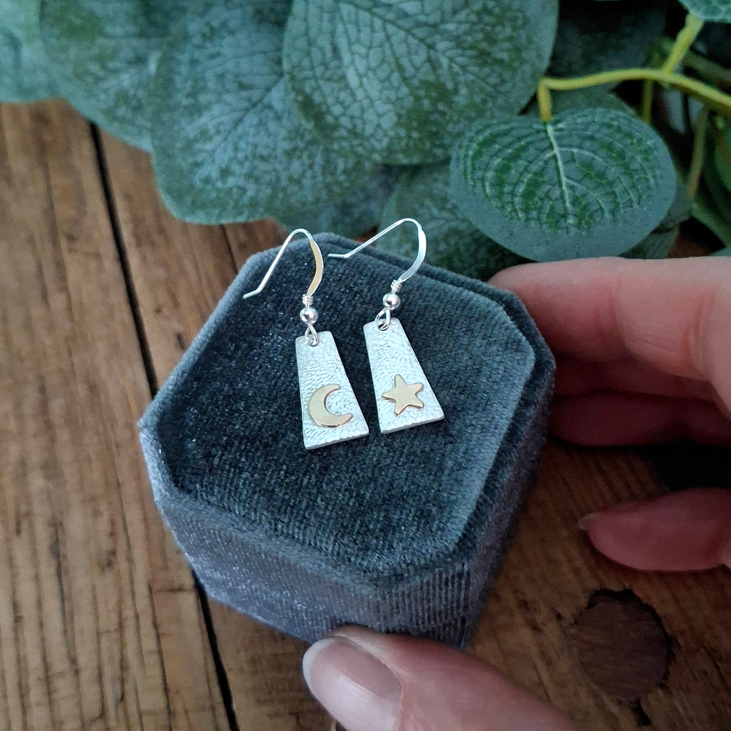 Handmade Moon and Stars Silver & Gold Earrings