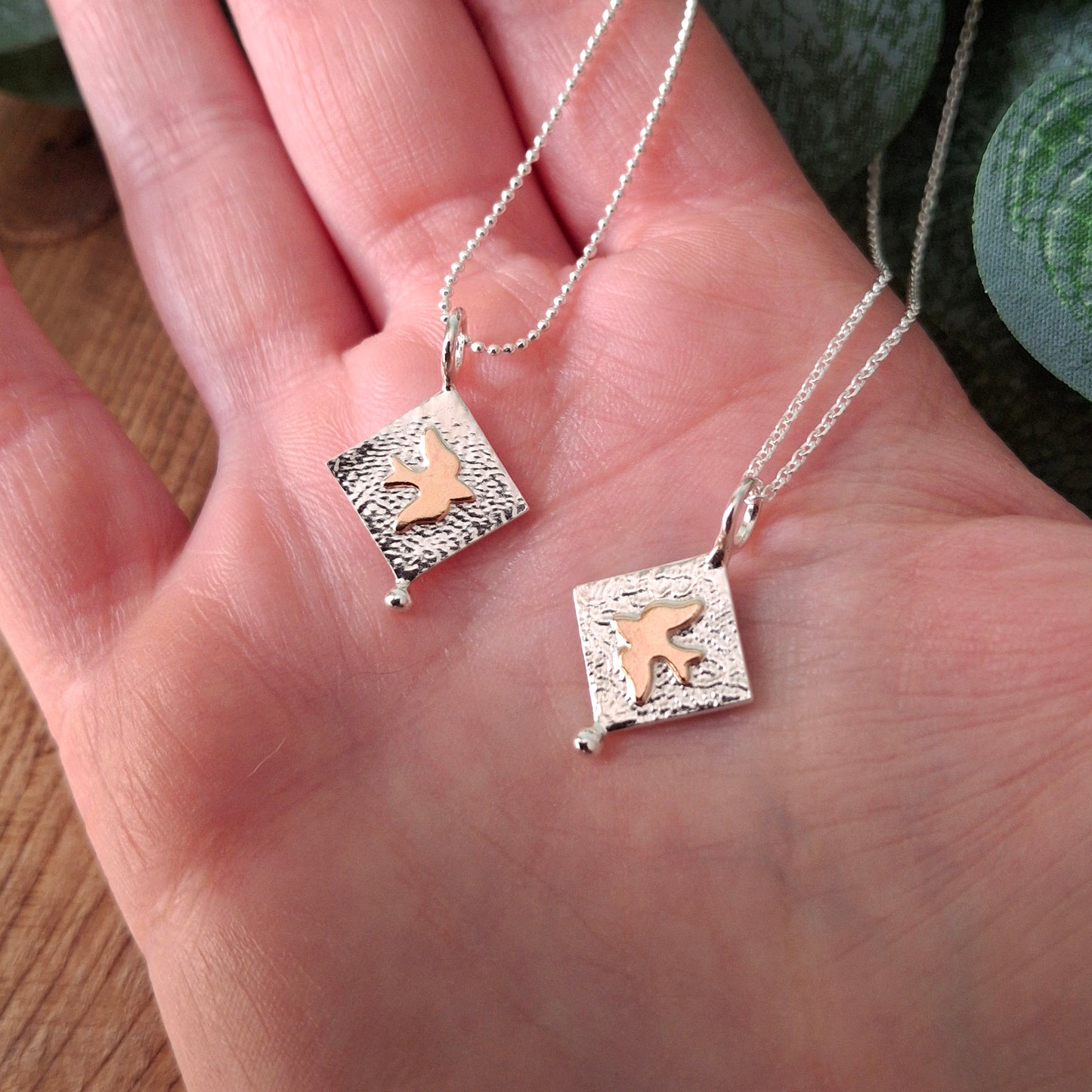 Birds Handmade Silver & Gold Necklace, choice of chain length