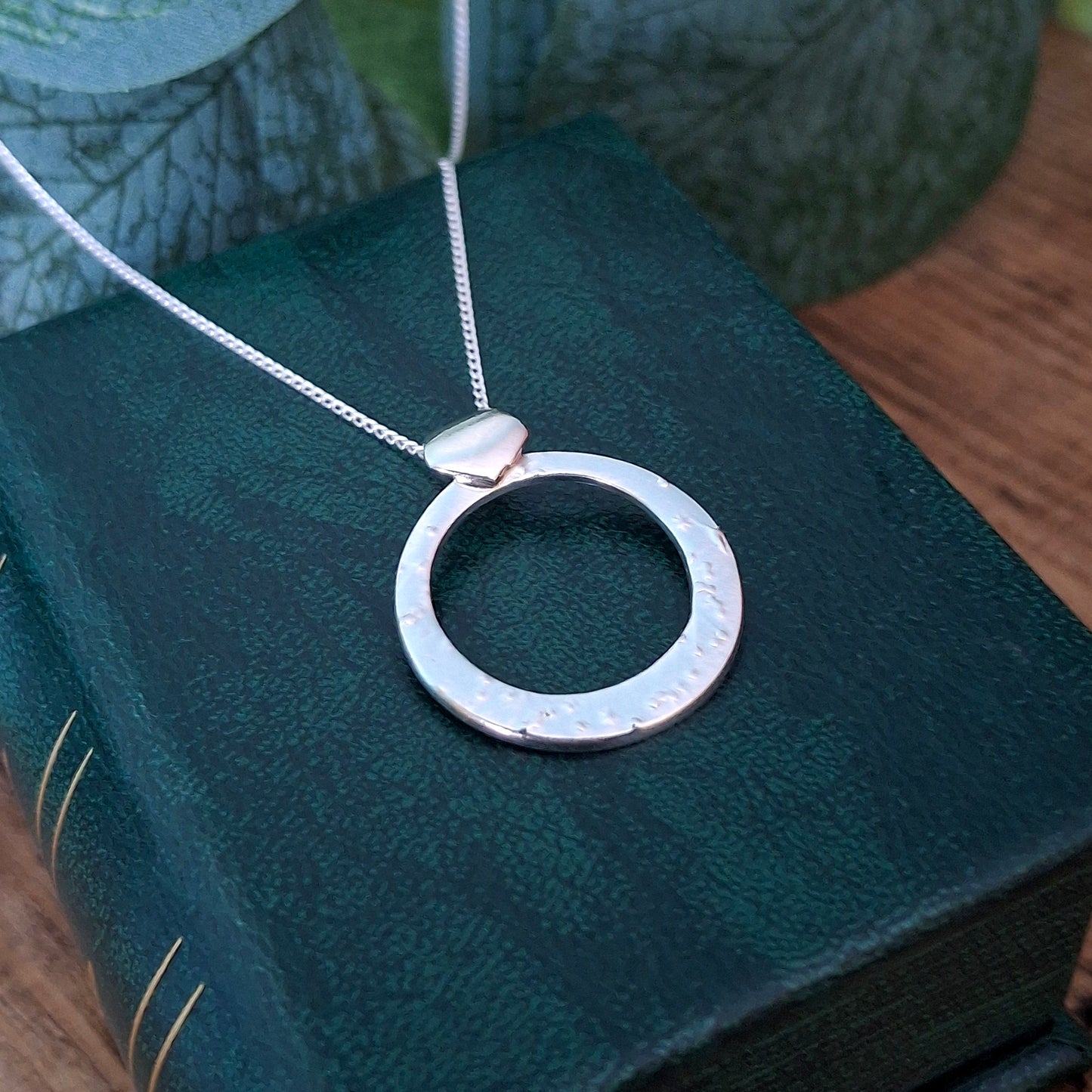 Textured Circle Pendant Silver Necklace