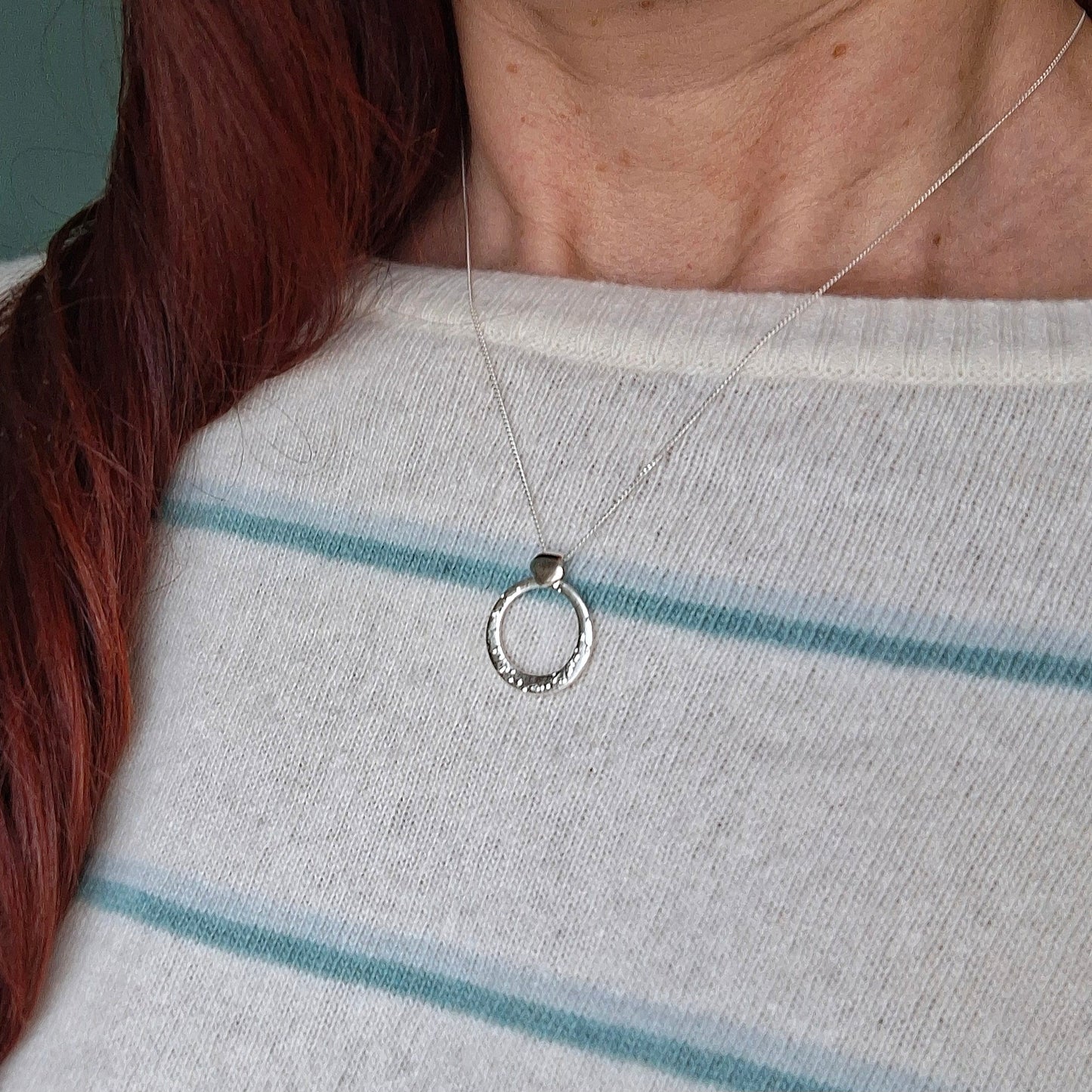 Textured Circle Pendant Silver Necklace