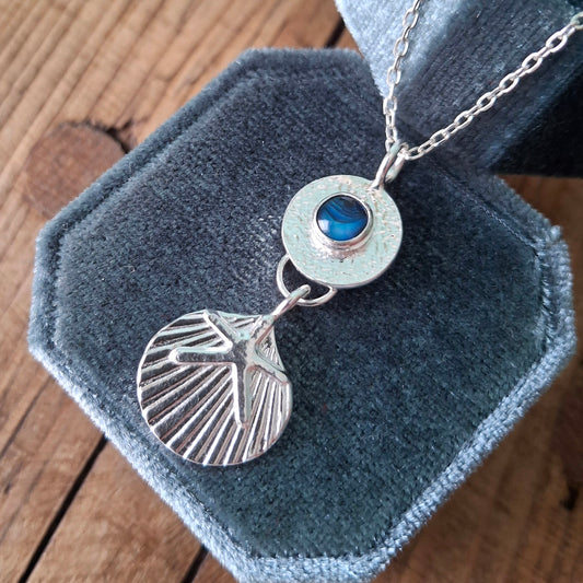 Handmade Silver Seaside Pendant with Shell, Starfish & Blue Paua