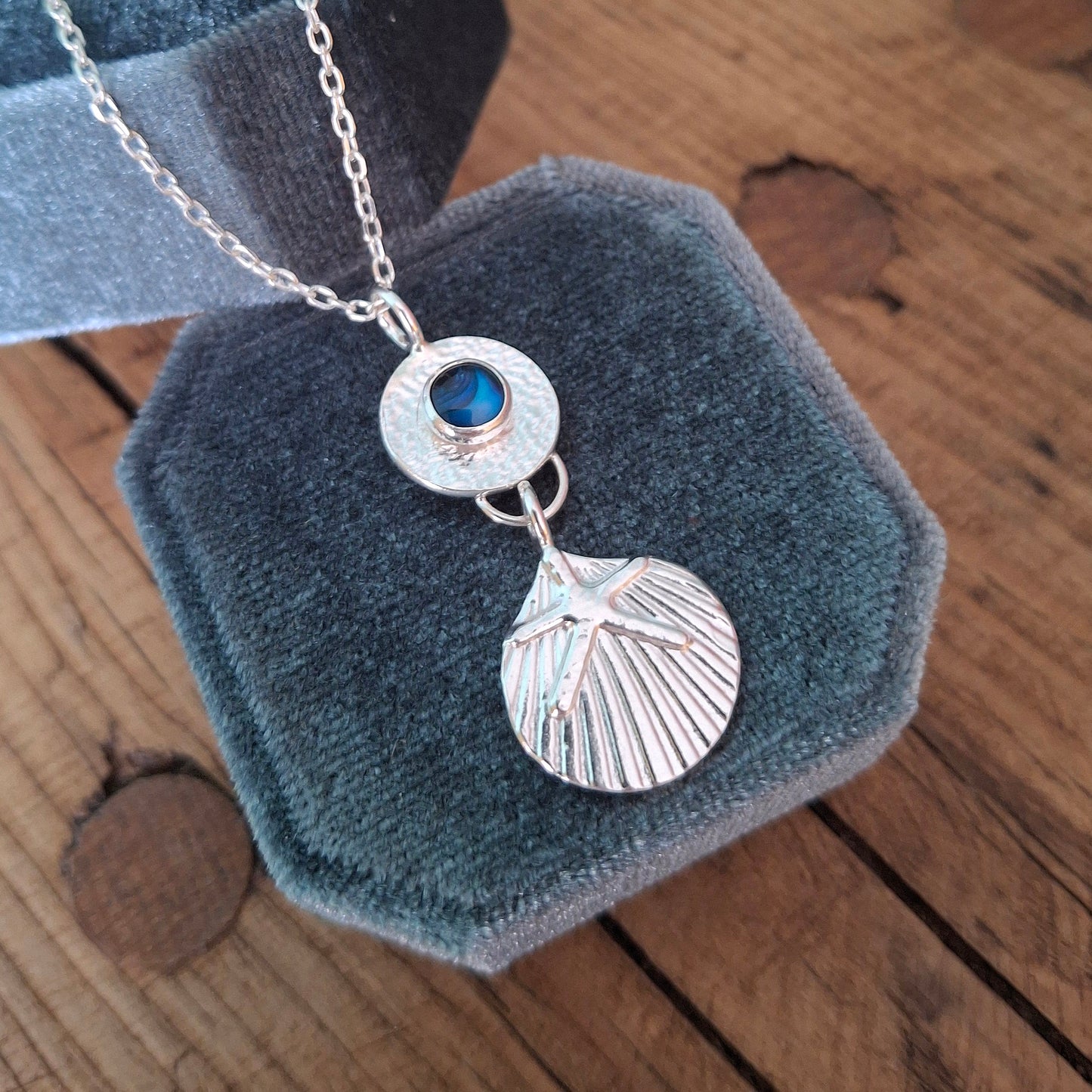 Handmade Silver Seaside Pendant with Shell, Starfish & Blue Paua