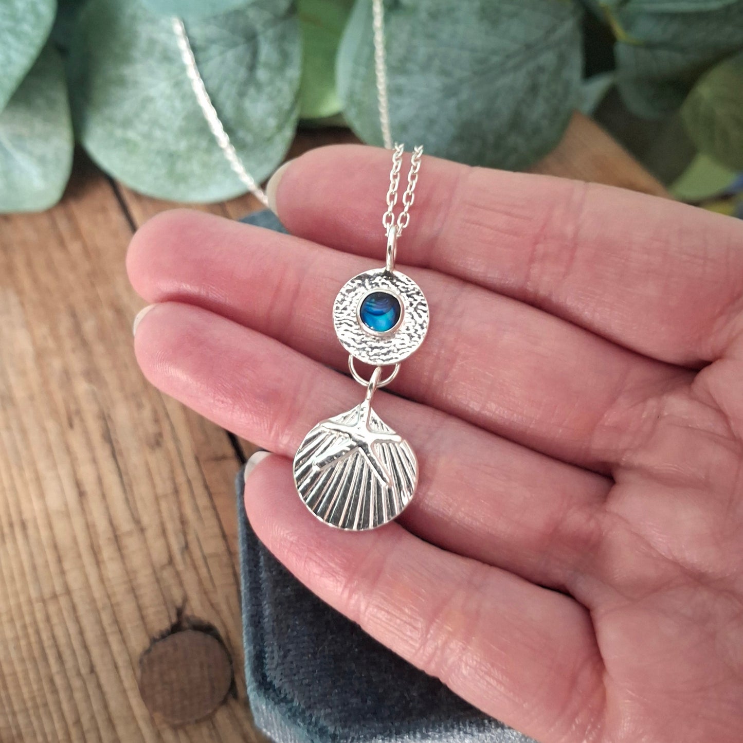 Handmade Silver Seaside Pendant with Shell, Starfish & Blue Paua