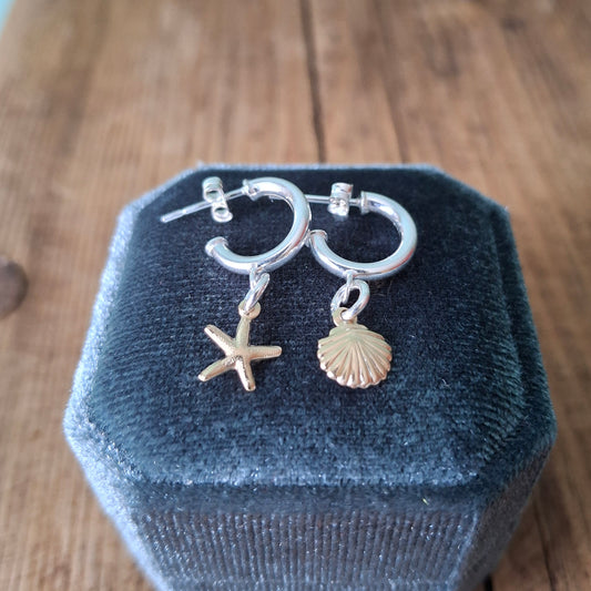 Silver & Gold Shell and Star Fish Hoop Earrings