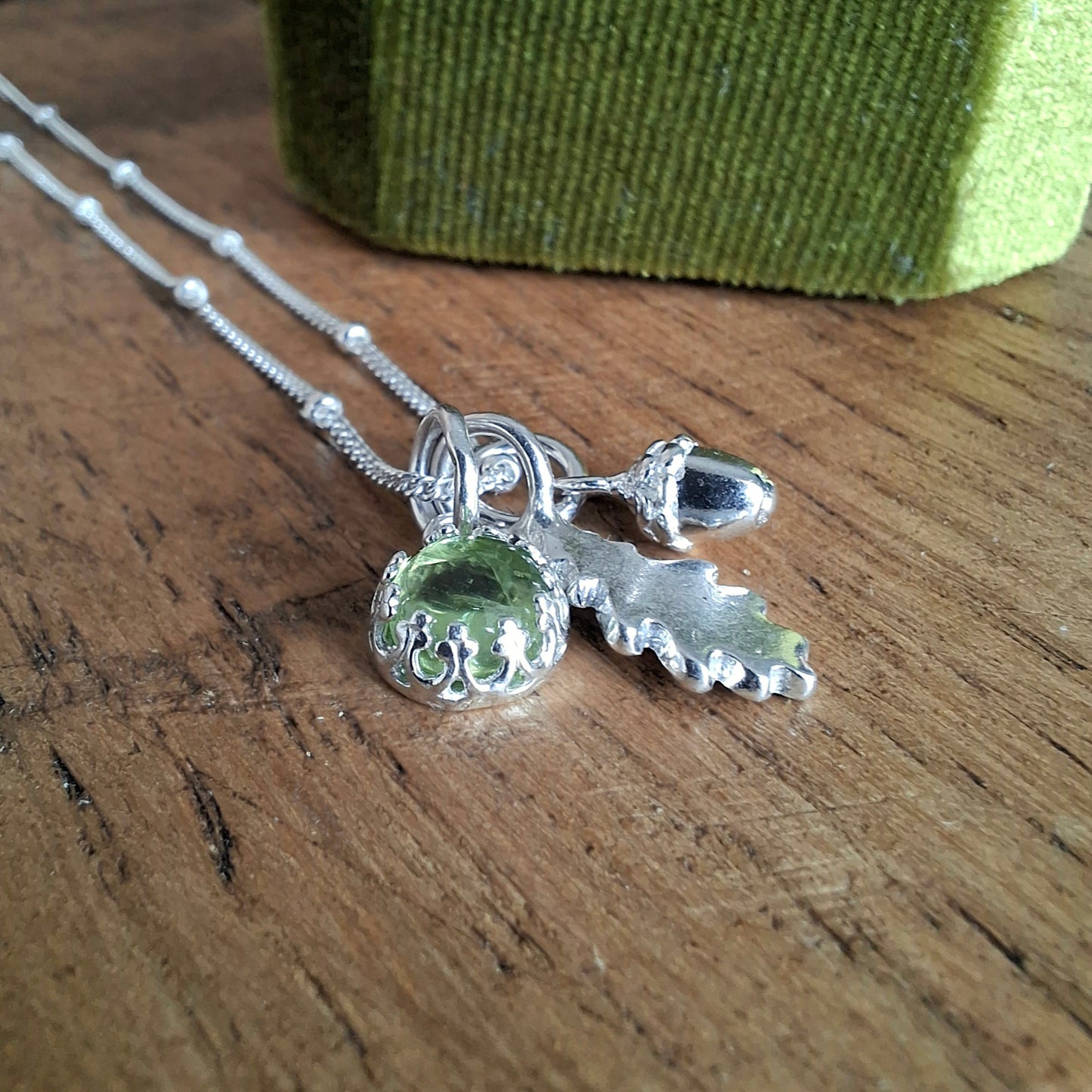 Small Oak Leaf, Acorn & Peridot Silver Necklace