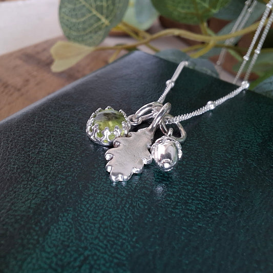 Small Oak Leaf, Acorn & Peridot Silver Necklace