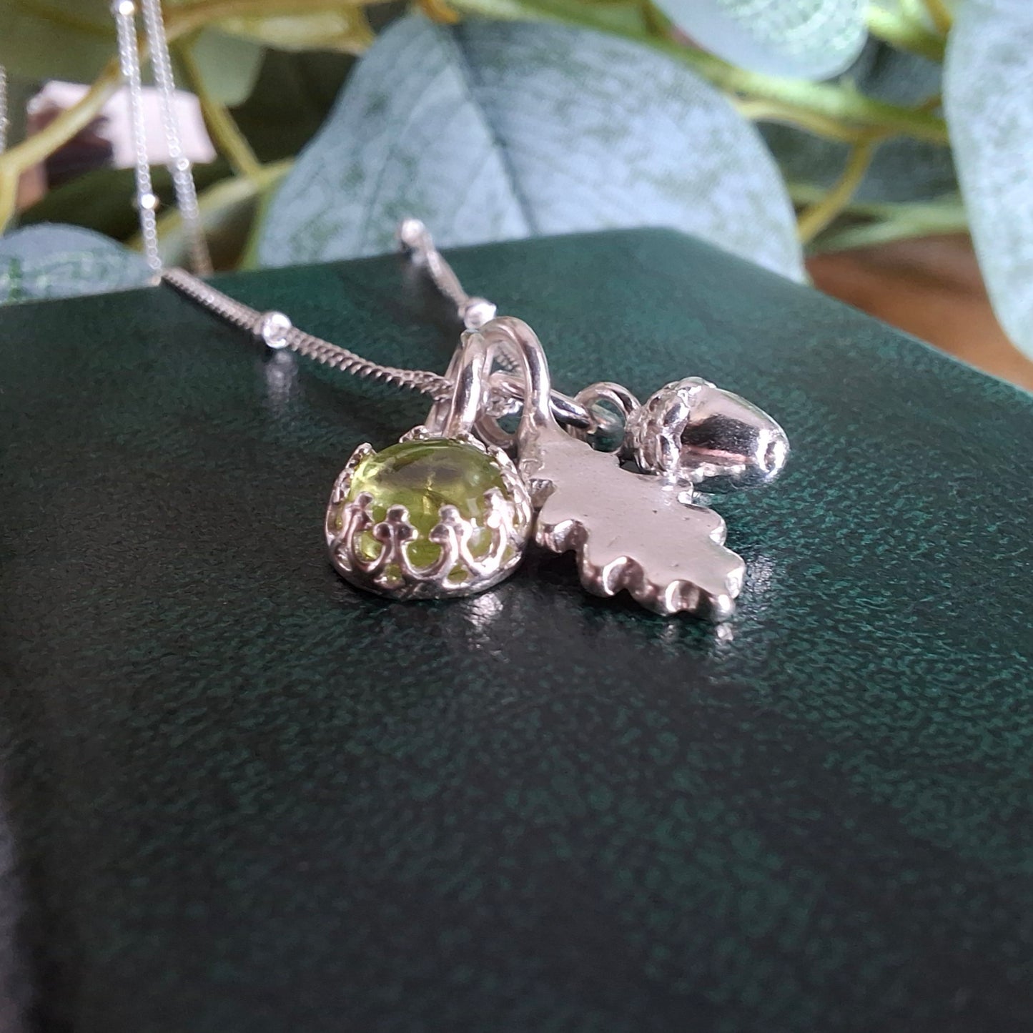 Small Oak Leaf, Acorn & Peridot Silver Necklace