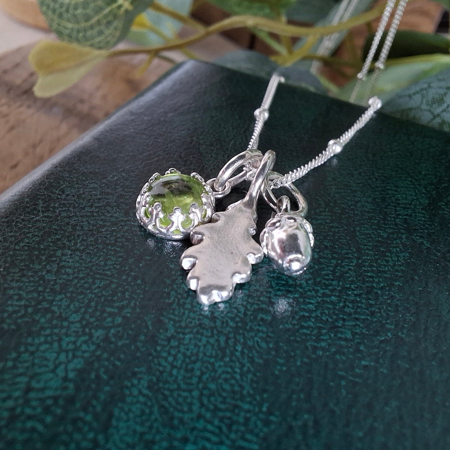 Small Oak Leaf, Acorn & Peridot Silver Necklace