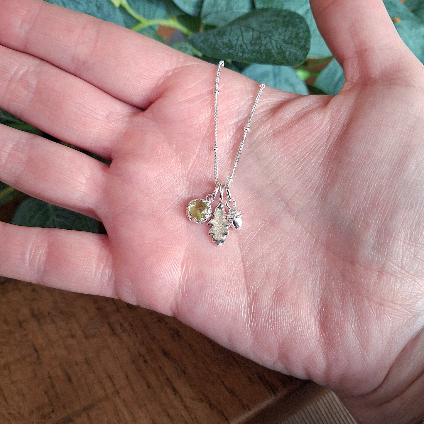 Small Oak Leaf, Acorn & Peridot Silver Necklace