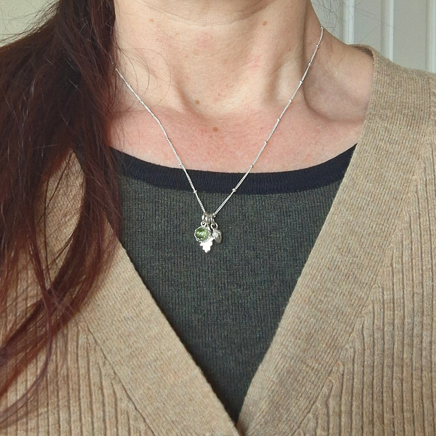 Small Oak Leaf, Acorn & Peridot Silver Necklace