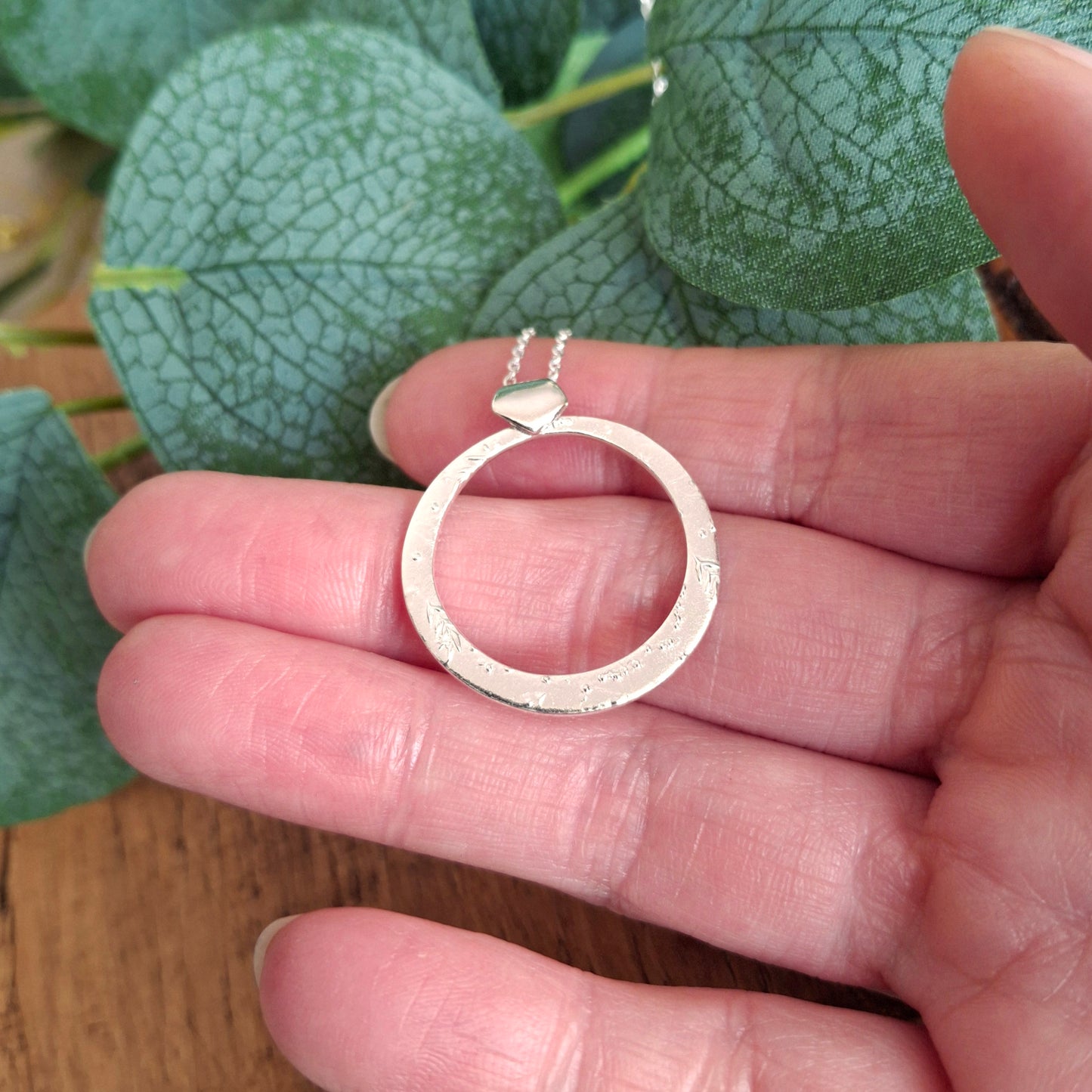 Textured Circle Pendant Silver Necklace