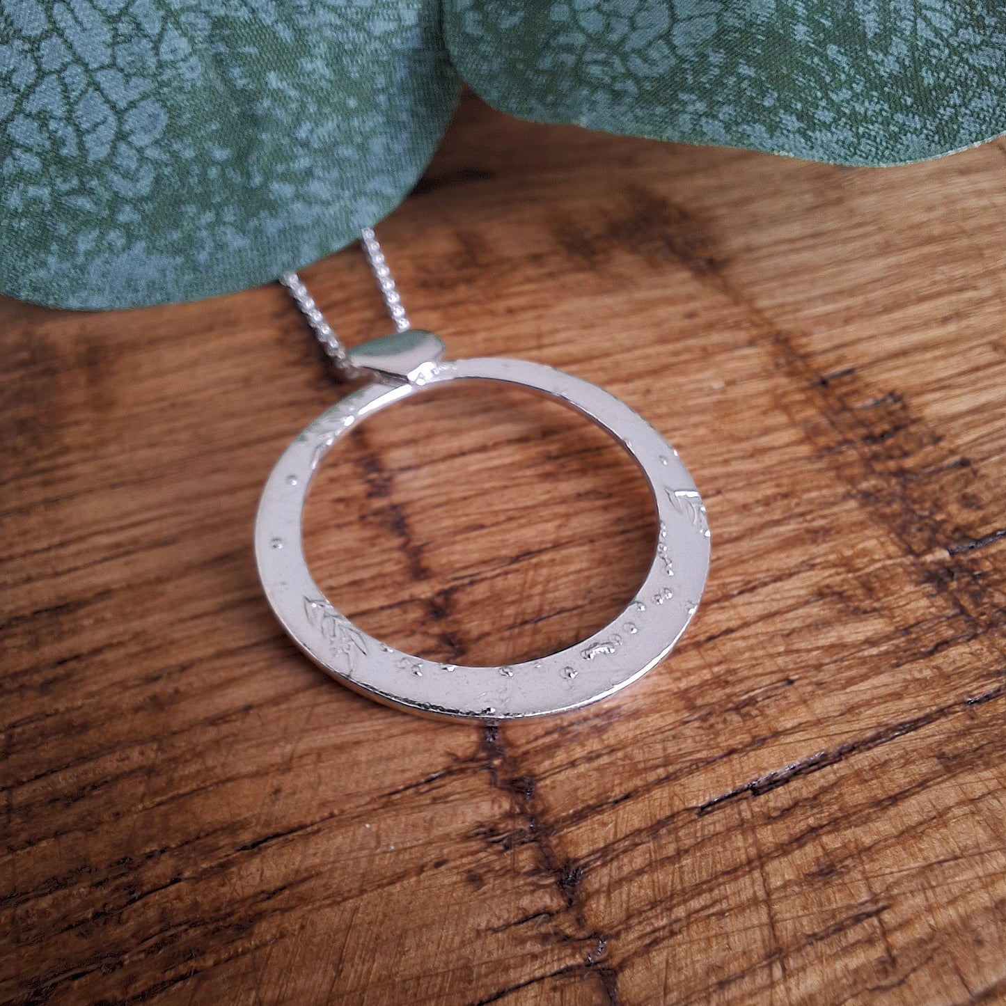 Textured Circle Pendant Silver Necklace