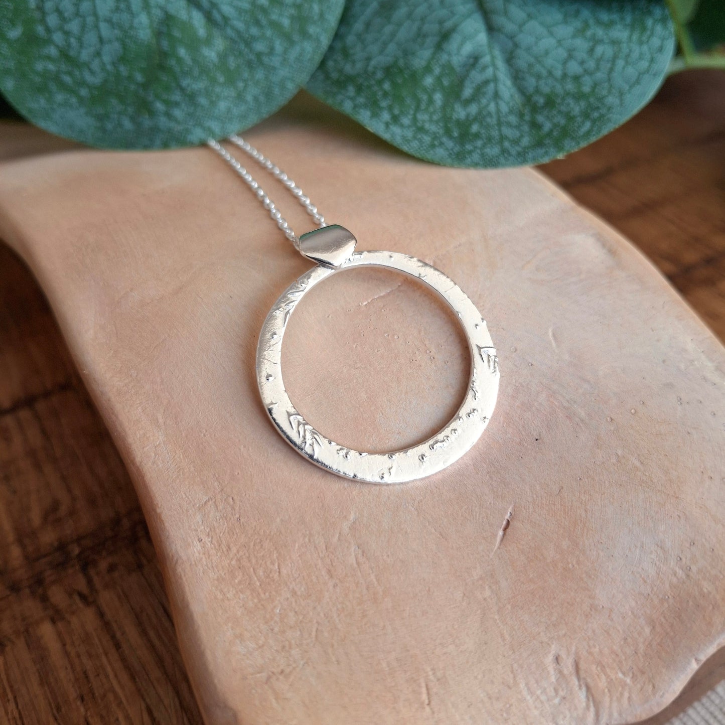 Textured Circle Pendant Silver Necklace
