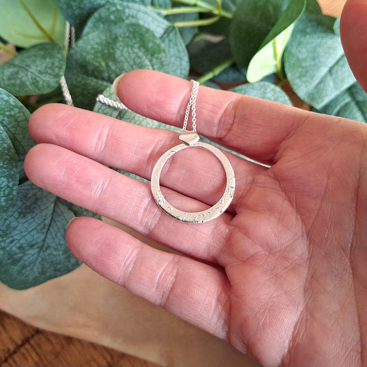 Textured Circle Pendant Silver Necklace
