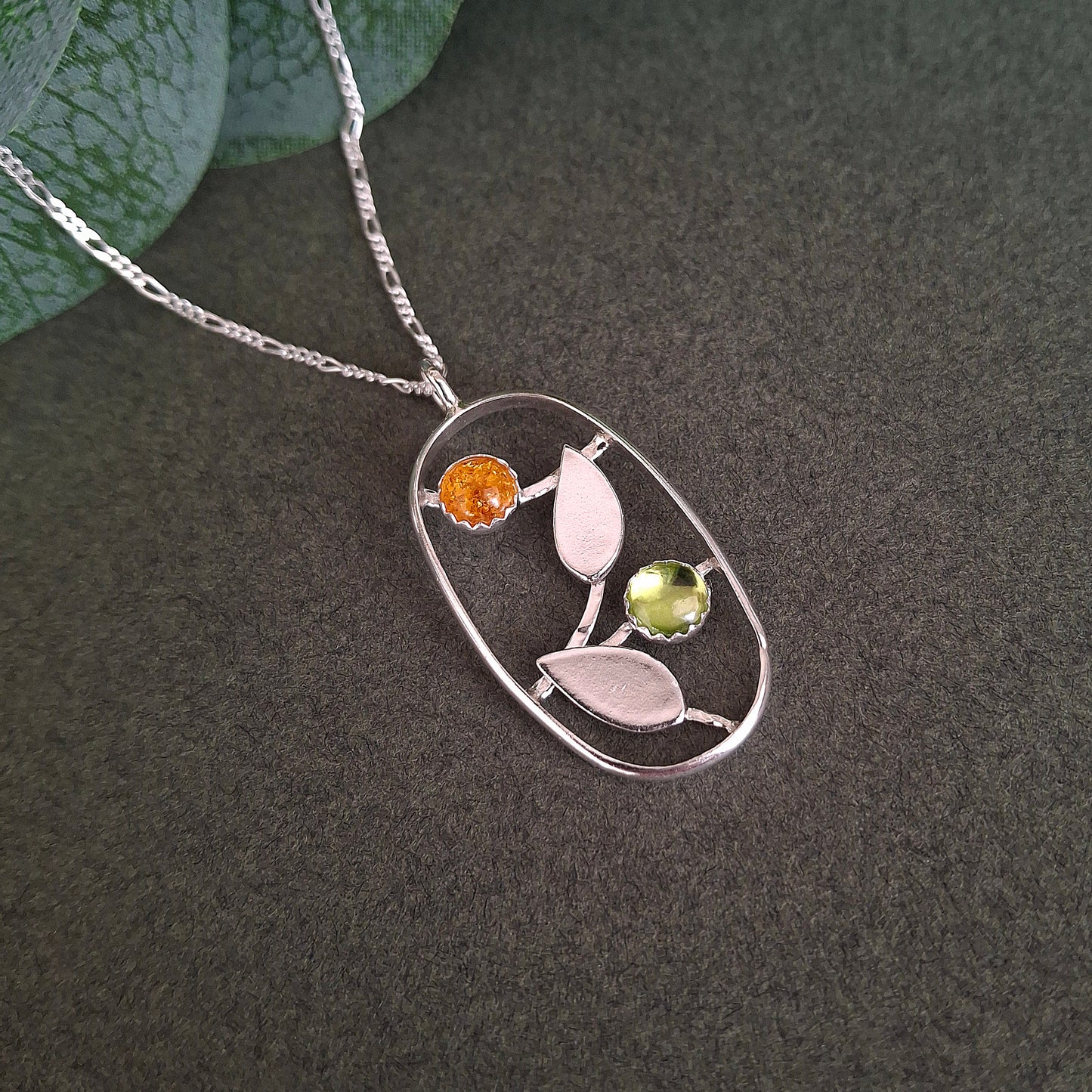 Handmade Leaves Silver Necklace with Peridot and Amber