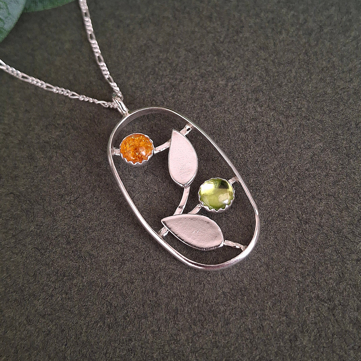 Handmade Leaves Silver Necklace with Peridot and Amber