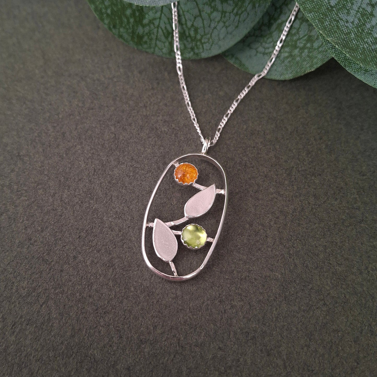 Handmade Leaves Silver Necklace with Peridot and Amber