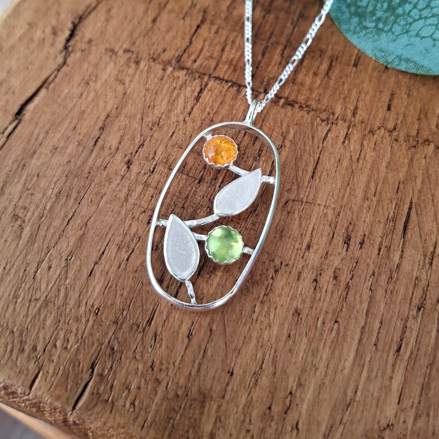 Handmade Leaves Silver Necklace with Peridot and Amber
