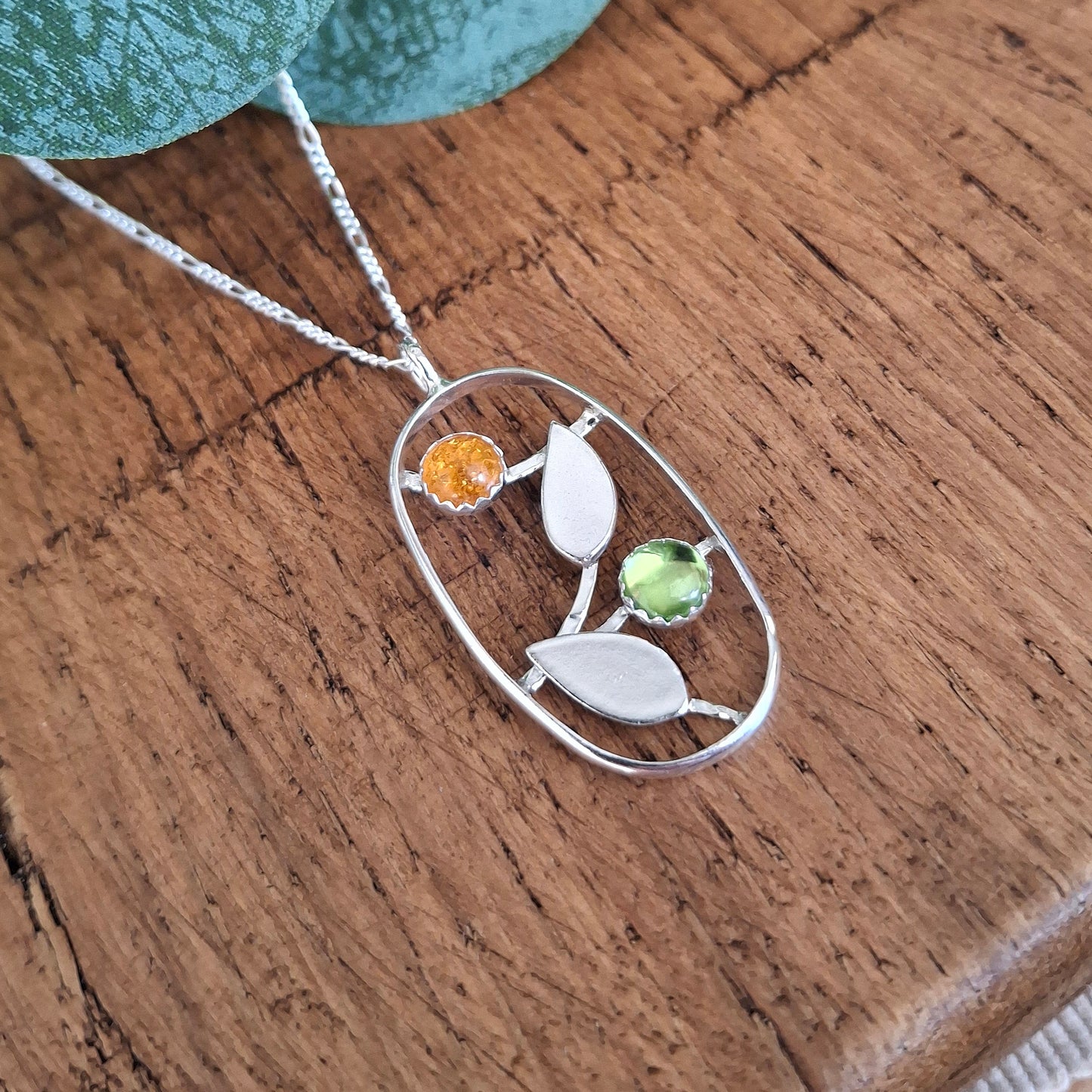 Handmade Leaves Silver Necklace with Peridot and Amber