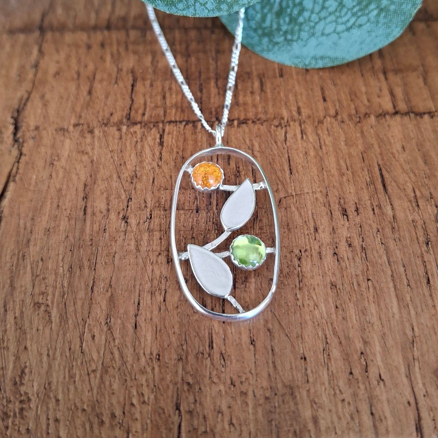 Handmade Leaves Silver Necklace with Peridot and Amber
