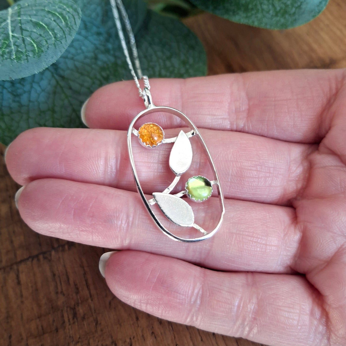 Handmade Leaves Silver Necklace with Peridot and Amber