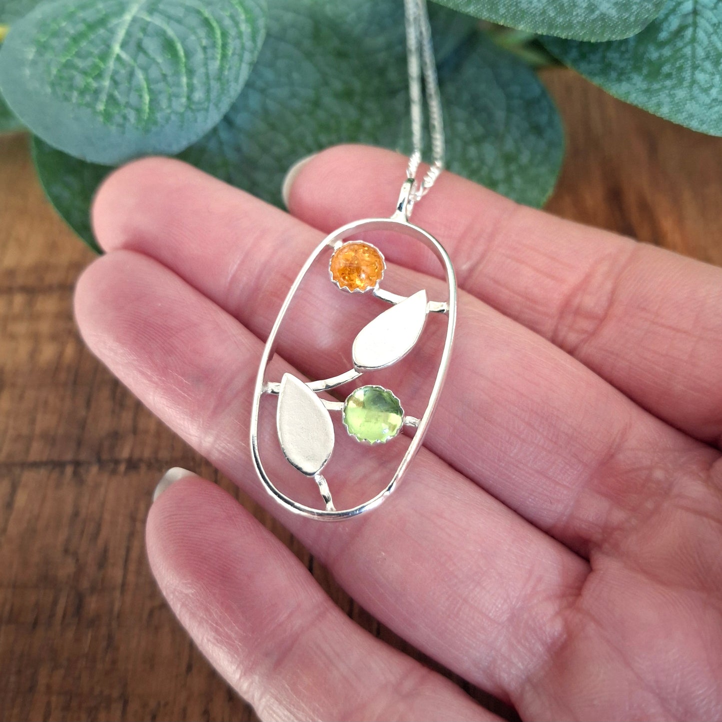 Handmade Leaves Silver Necklace with Peridot and Amber