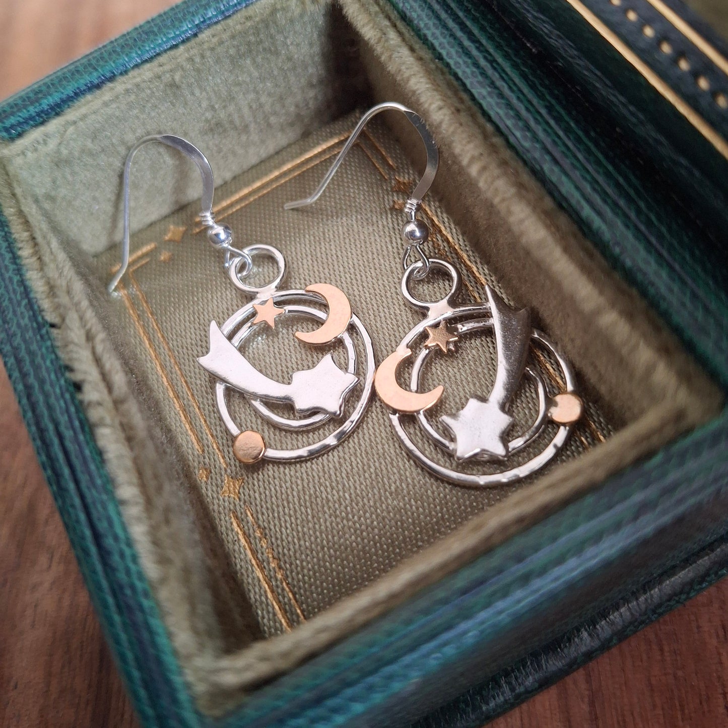 Handmade Celestial Shooting Stars Silver & Gold Filled Earrings