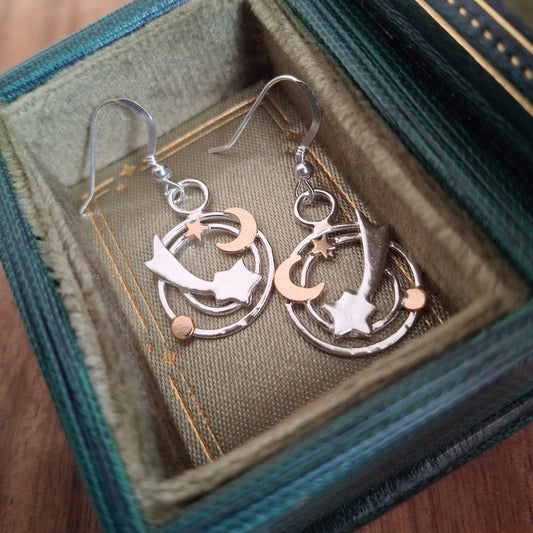 Handmade Celestial Shooting Stars Silver & Gold Filled Earrings