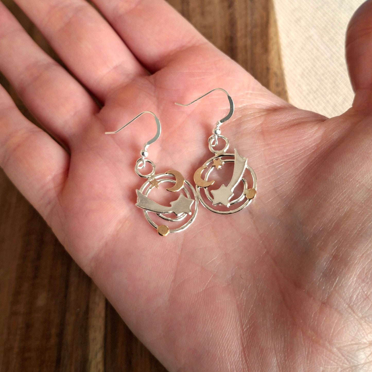 Handmade Celestial Shooting Stars Silver & Gold Filled Earrings