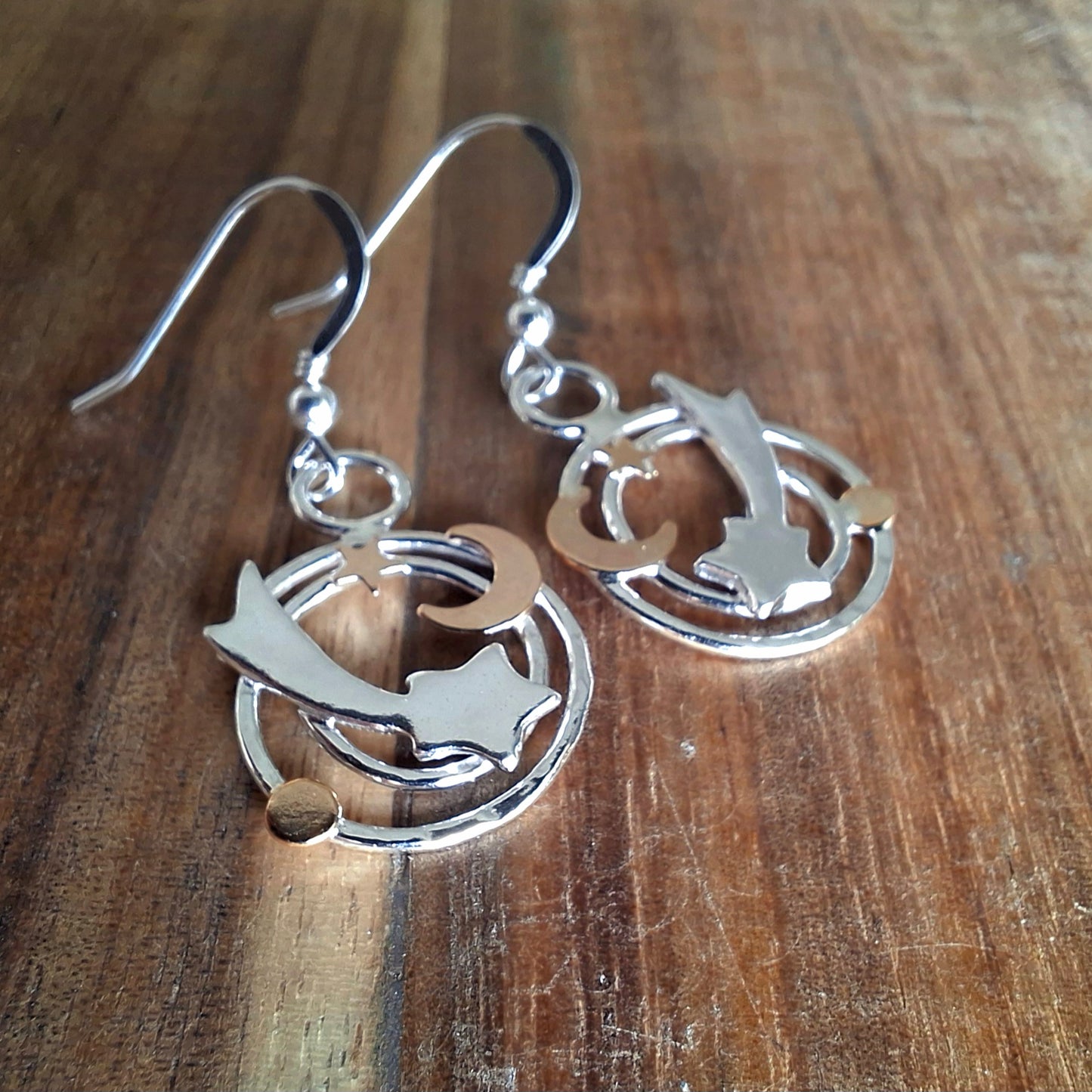 Handmade Celestial Shooting Stars Silver & Gold Filled Earrings
