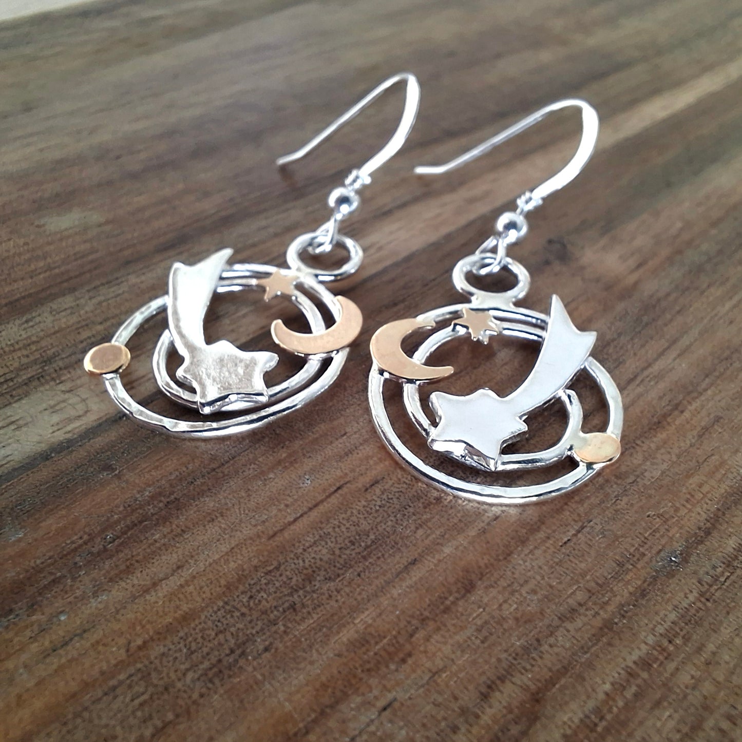 Handmade Celestial Shooting Stars Silver & Gold Filled Earrings