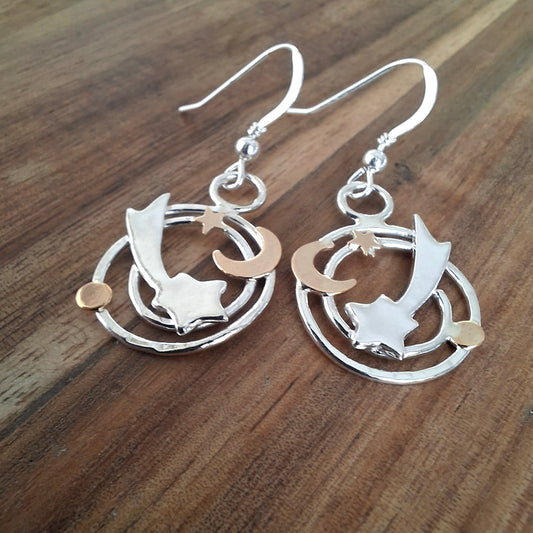 Handmade Celestial Shooting Stars Silver & Gold Filled Earrings