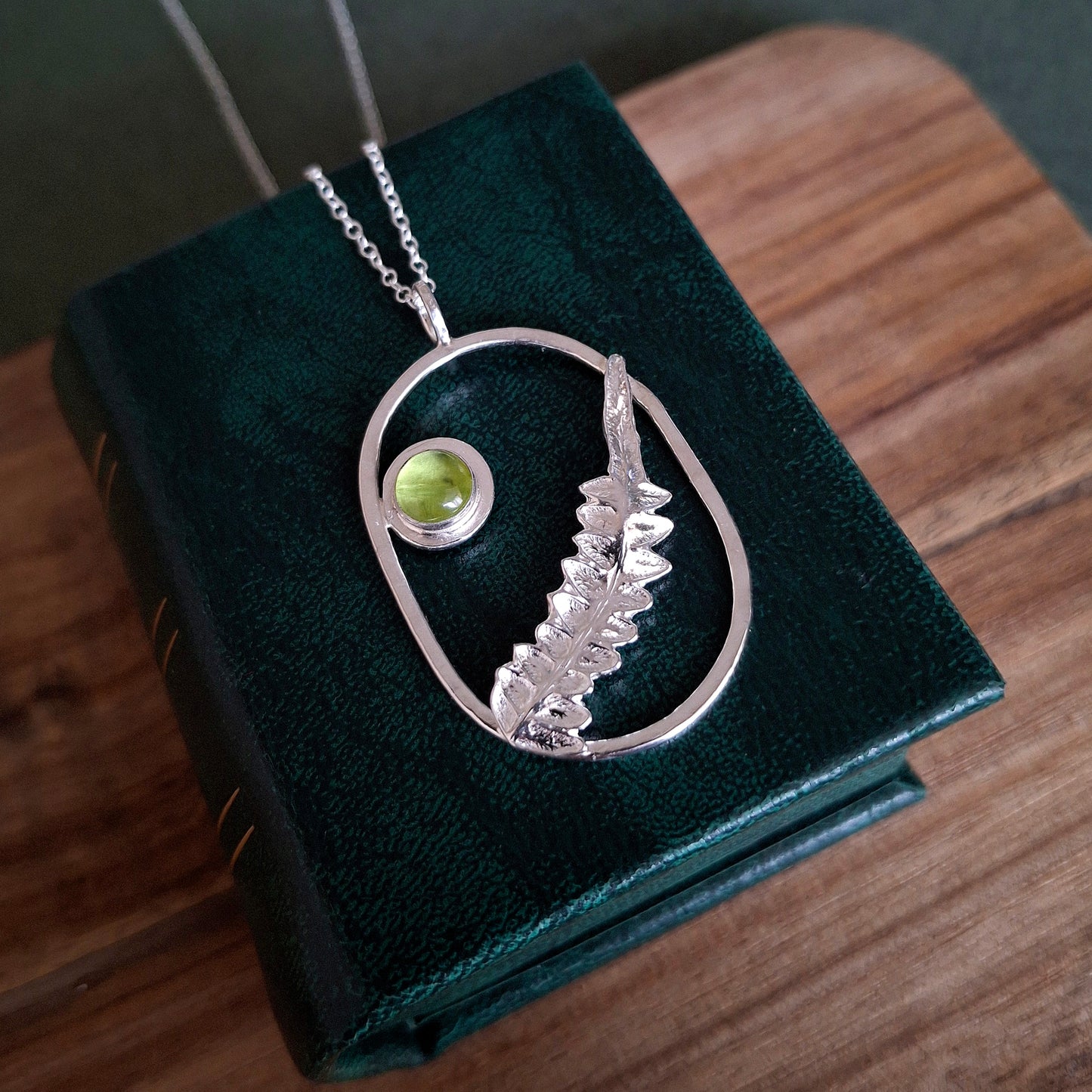 Real Fern Leaf Frame Pendant - Silver Necklace with Peridot