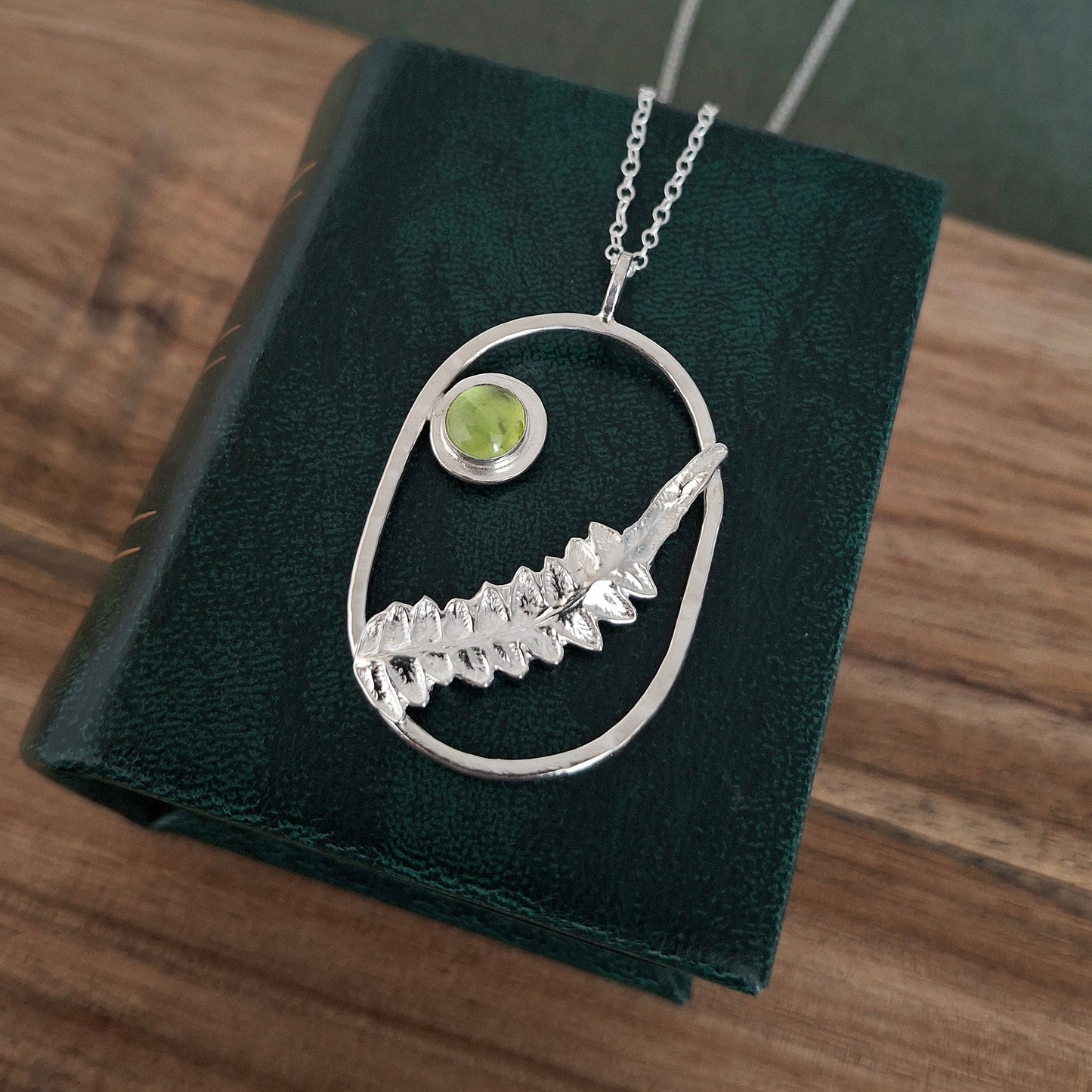 Real Fern Leaf Frame Pendant - Silver Necklace with Peridot