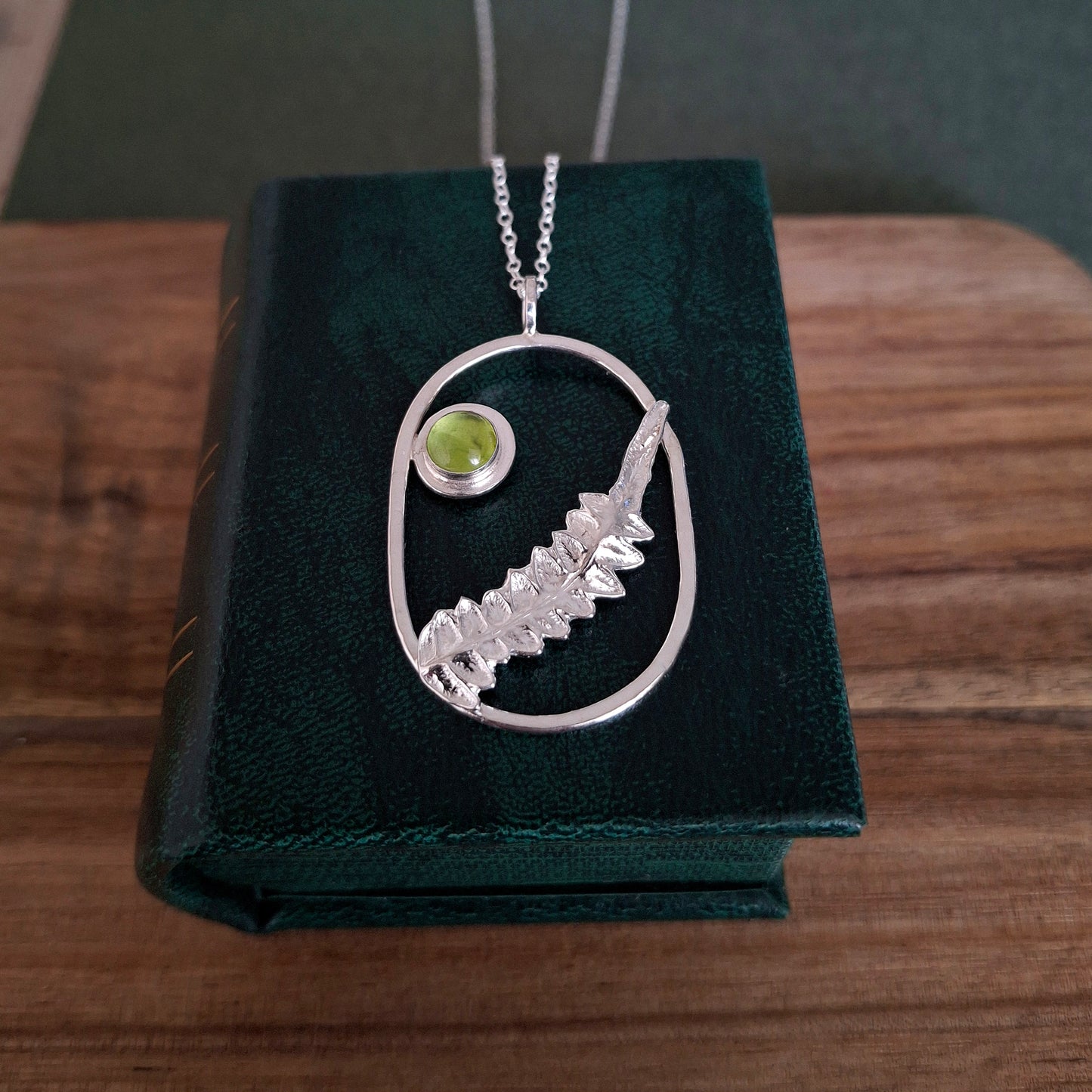 Real Fern Leaf Frame Pendant - Silver Necklace with Peridot