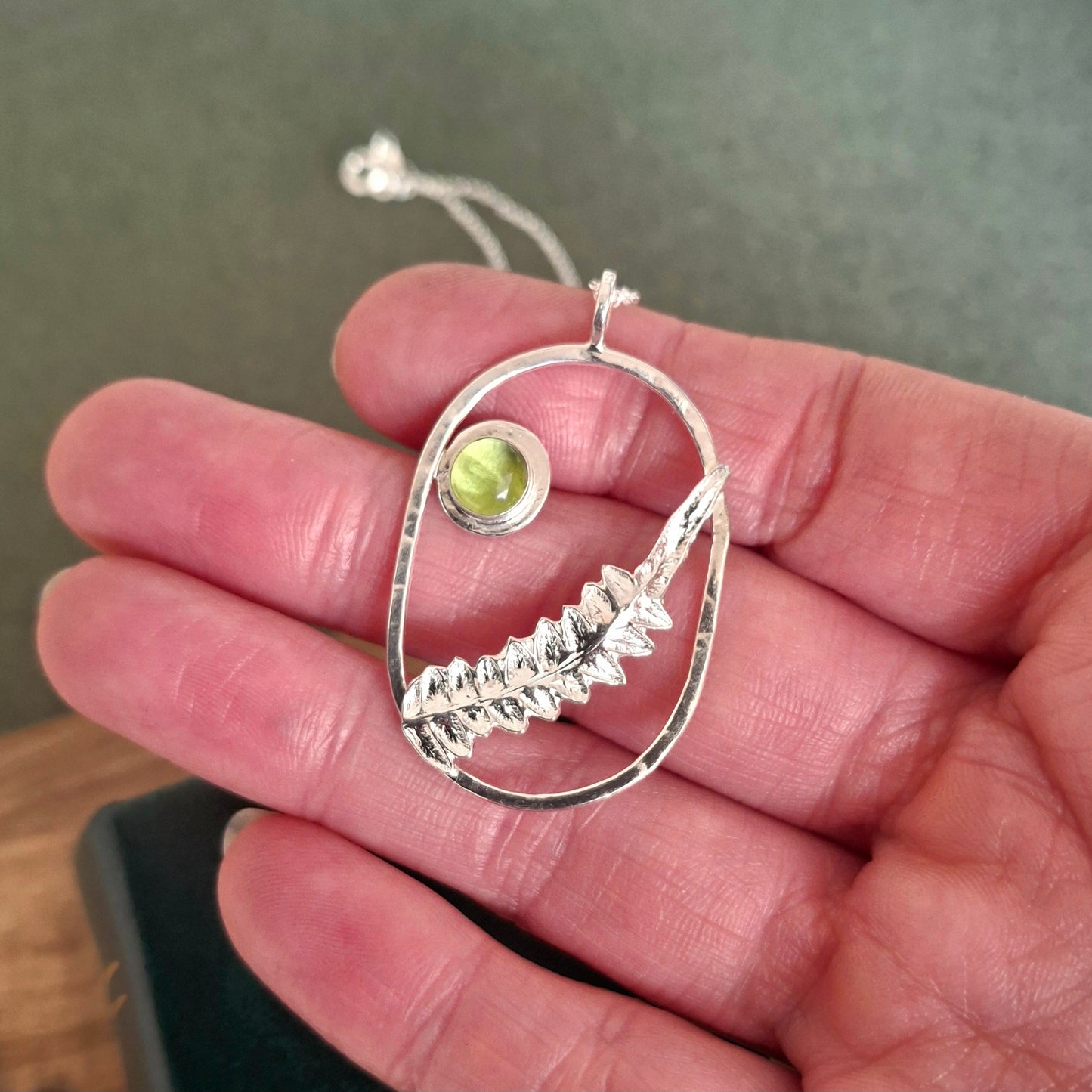 Real Fern Leaf Frame Pendant - Silver Necklace with Peridot