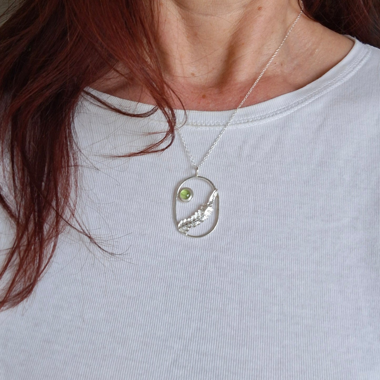 Real Fern Leaf Frame Pendant - Silver Necklace with Peridot