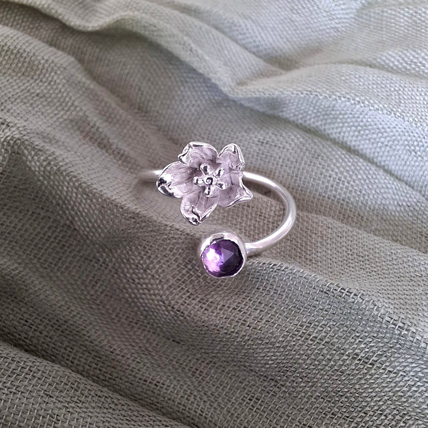 Delicate Handmade Flower Ring with Amethyst, Open Adjustable