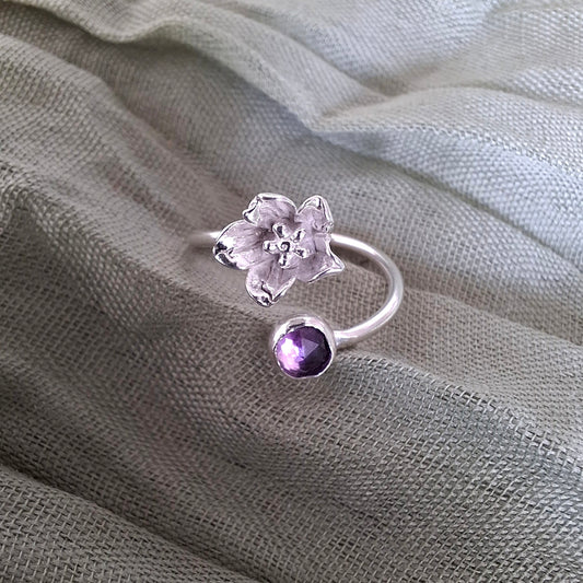 Delicate Handmade Flower Ring with Amethyst, Open Adjustable