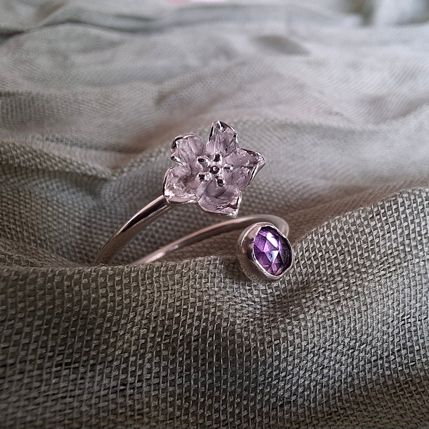 Delicate Handmade Flower Ring with Amethyst, Open Adjustable