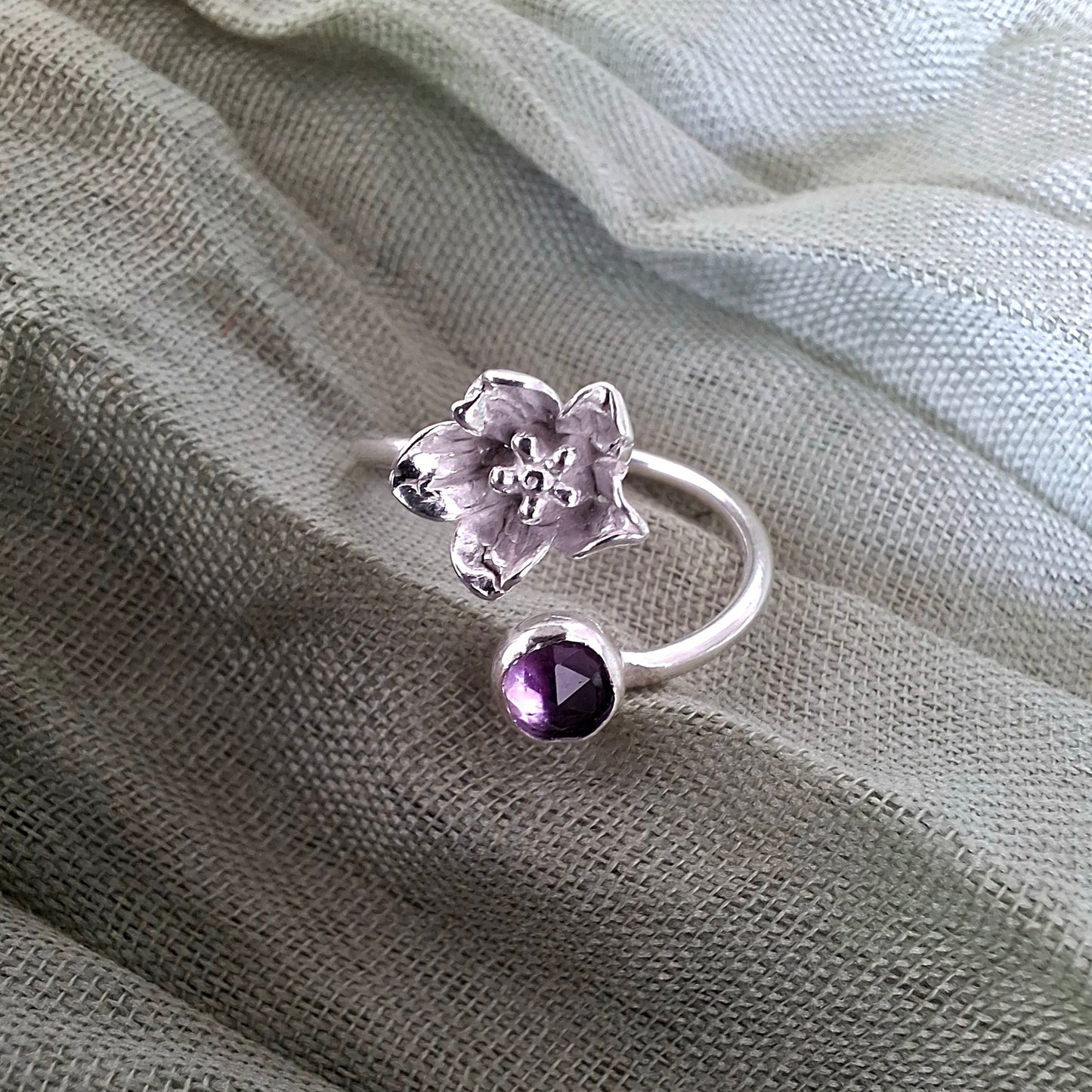 Delicate Handmade Flower Ring with Amethyst, Open Adjustable