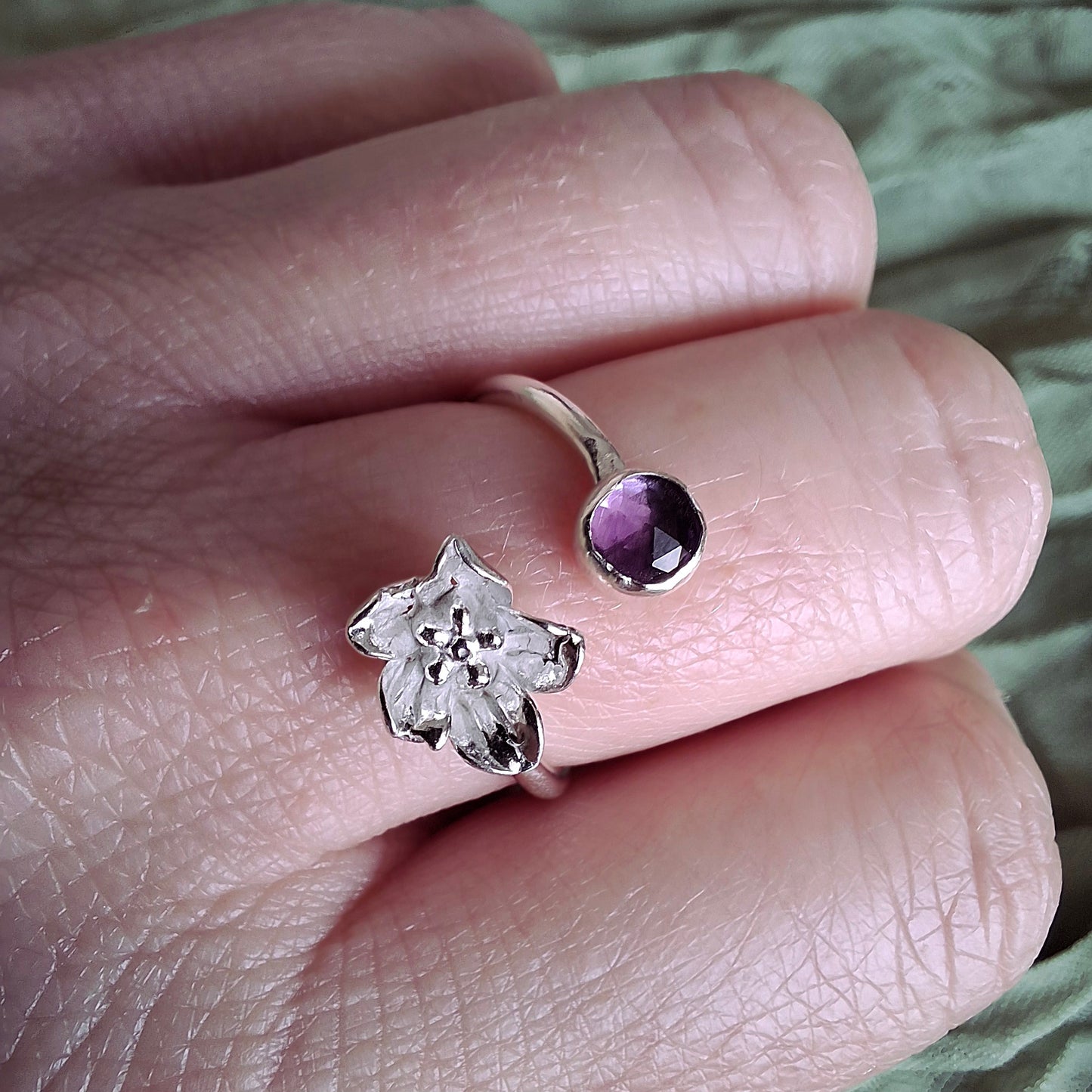 Delicate Handmade Flower Ring with Amethyst, Open Adjustable